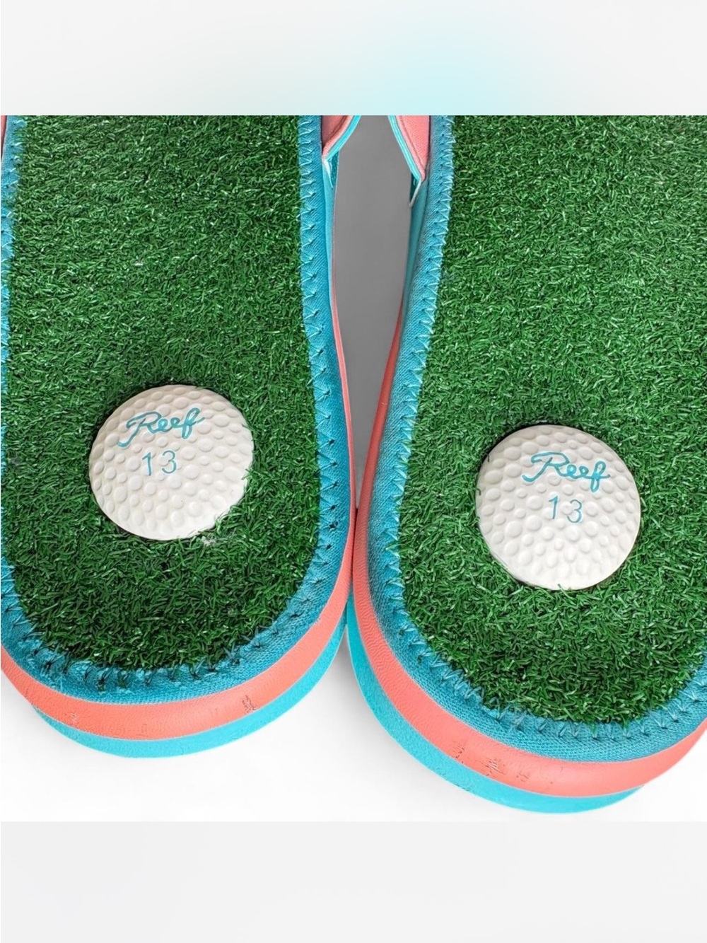Reef Mulligan Golf Slide Sandals Size US 13 Blue with Floral Trim and Golf Ball - Picture 6 of 8